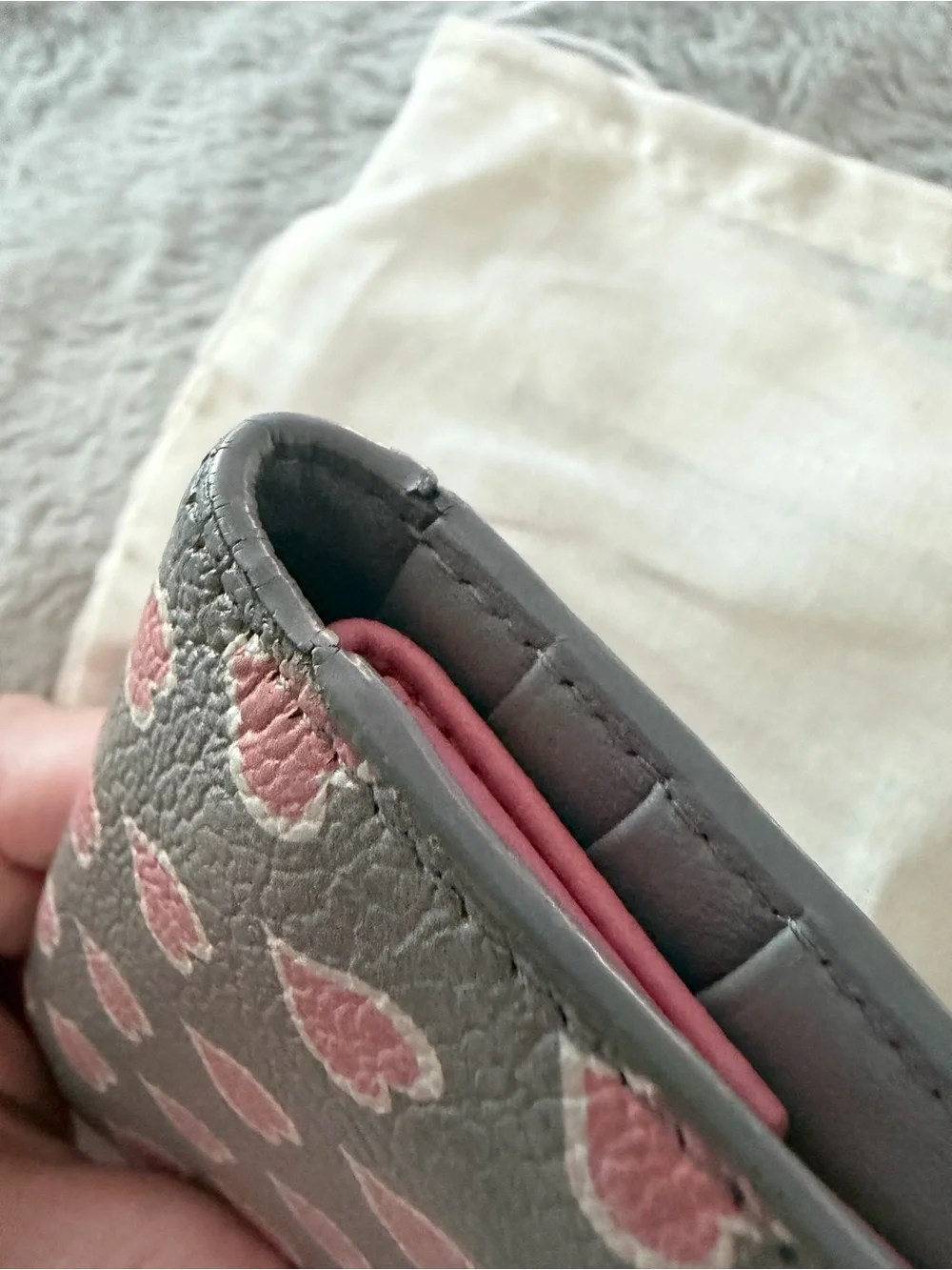 Miu Miu Gray Leather Wallet with Pink Heart Print